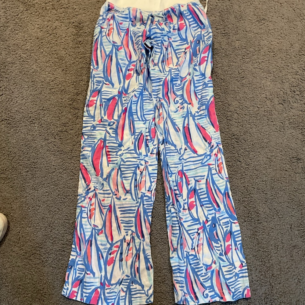 Lily Pulitzer The Beach Pants 100% Linen Blue Boats Boating Relaxed Fit sz XS - Picture 7 of 8